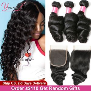 Haarteile Younsolo Human Loose Wave Bundles mit Verschluss Brasilianisches Remy 3 Schweizer Spitze Naturschwarz 230314