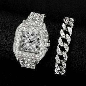 Kvinnors mode lyxiga hiphop -fyrkant Roman Diamond Steel Strap Quartz Watch Oval Hip Hop Diamond Armband