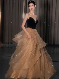 Gold Black A-Line Spaghetti Strap Prom Dress V Neck Sparkly Crystal Ruffles Pleat Long Woman Luxury Party Festy Night Vestidos