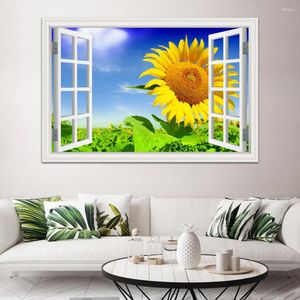 Wall Stickers One Piece Nature Yellow Sunflower Landscape Modern Sticker Decal PVC Wallpaper 3D Window View Bedroom Decor