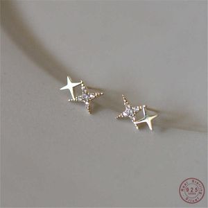 Charm 925 Sterling Silver Korean version Simple Four Pointed Star Stud Earrings Women Pav Zircon Light Luxury 14K Gold Jewelry Gift AA230311