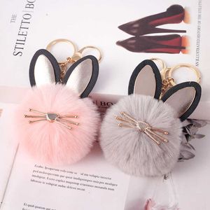 Keychains Fashion Cute Plush Pompom Cat Head Keychain Fluffy Rabbit Fur Ball Animal Chain Chain Accessories Trinken Car Bag Pendant Jewelry L230314