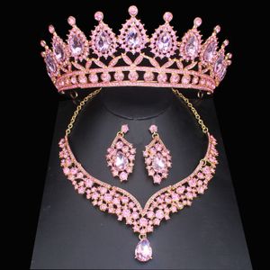 Wedding Jewelry Sets Pink Crystal Bridal Jewelry Sets For Women Girl Princess TiaraCrown Earring Necklace Wedding Pageant Prom Jewelry Accessories 230313