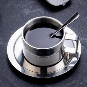 Чашки блюдцы из нержавеющей стали с двойной теплостойким дизайном слоя изолированная кружка с набор кофейной чашки с посудой