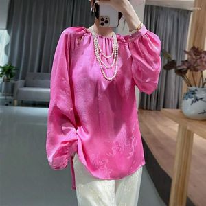 Women's Blouses High Quality Fashionable Silk Shirt Women Spring 2023 Street Style O-Neck Raglan Sleeve Chinese Jacquard Loose Top S-XL