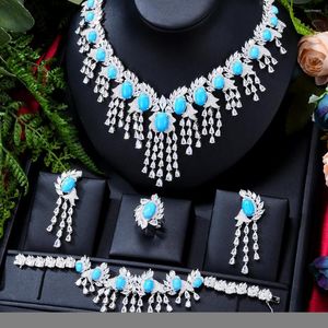 Necklace Earrings Set GODKI 4PCS Blue Turquoise For Women Wedding Party Zircon Crystal Dubai Bridal Jewelry Gift