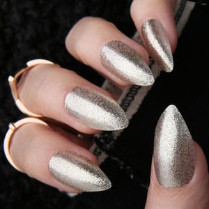 False Nails Golden Almond Glitter Press On Short Galaxy Fake Stiletto Champagne Chrome Artificiell återanvändning