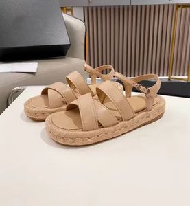 Cow and sheep leather women's sandals fashion cotton hemp sewn alloy buttoned thick bottom slippers luxury show party casual beach flats with box 34-41