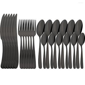 食器セットDRMFIY 24PCSエレガントな黒の食器セットステンレススチールナイフフォークスプーンフラットウェアキッチンカラフルなカトラリー