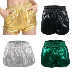 Kvinnors shorts Sexiga kvinnor Shine Gold Silver Imitation Leather Shorts Metallic Elastic Waist Fashion Nightclub Dancing Wear Pockets Short 230314