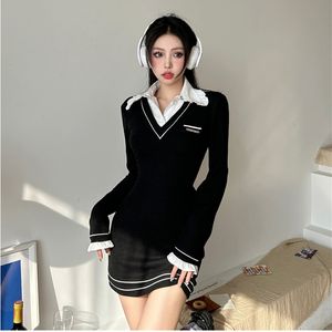 Casual Dress Academic Style Temperament Slim Long-Sleeved Black Dress Women's Spring Design Fake Two-Piece Dress Kjol