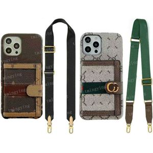 Designer Classic Wallet Leder Handyhüllen für iPhone 15 Pro Max 14 13 12 11 XS XR X Modedruck Rückseite Hülle Kartenhalter Tasche Geldbörse Luxus Lanyard Shell