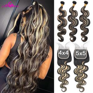 헤어 조각 하이라이트 P1B 27 Colored Human Bundles with Closure 4x4 5x5 Body Wave Brazilian Weave 230314