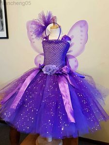 Girl's Dresses Girls Purple Butterfly Flower Tutu Dress Kids Glitter Tulle Dress Ball Gown with Wing Children Birthday Party Come Dresses W0314