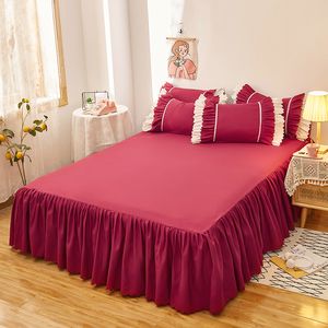 Saia de cama de gaze vermelha renda de renda de lótus Saias de cama de renda de lótus Princesa estilo colorido sólido colaborado capa de cama não deslizamento para capa de cama de menina 230314