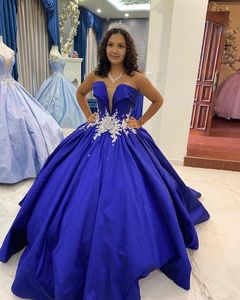 Quinceanera Dresses Princess Sexy Royal Blue Satin Deep V-образные аппликации Ball Plus с плюсом Sweet 16 Debutante Gutder Guted Delidos de 15 Anos 50