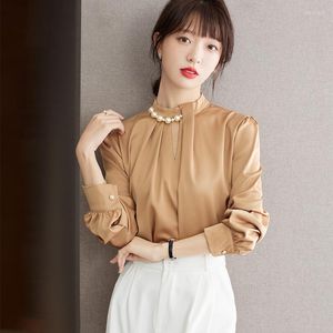 Women's Blouses Acetate Satin Elegant OL Lady Blouse Fashion Beading Formal Commute Women Shirt Tops Q565