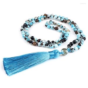 Hänge halsband kvinnor män bohemian halsband mode naturliga blå eld agater onyx sten 108 mala pärlor tofs handmake knutna smycken