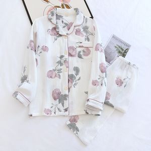 Kvinnors sömnkläder Kvinnor Bomullsgaspyjamas långärmad vårpyjama Set Purple Rose Print Sleepwear 2 Piece Casual Loose Nightwear 230314