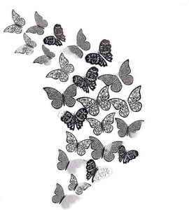 Väggklistermärken 36st Black Grey Mirror Paper 3D Hollow Butterfly Decor Decals för fjärilar Kylskåp klistermärke rummet bröllop diy