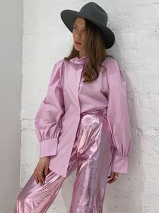 Kvinnors blusar skjortor yong style streetwear bf lossa kvinnor 2023 stilfull rufsad krage lykta ärm söt rosa damer enstaka bröst s