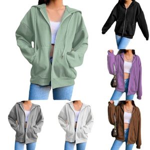 Kadın Hoodies Sweatshirts Sonbahar Polar Hoodie Düz Renk Kapşonlu Koreli Moda Sweatshirtler Uzun Kollu Top Çizme Cepleri Gevşek fermuar 230313