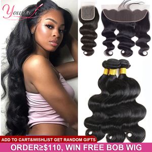 Hårstycken Younsolo Human Bundles With Frontal Body Wave Lace Peruvian Remy Extension 230314