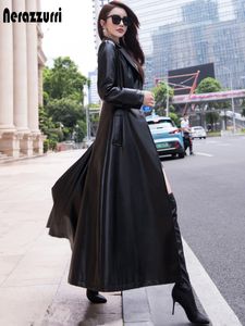 Женские куртки Nerazzurri Maxi Fit and Flare Leather Trench Poat для женщин весенняя длинная роскошная дизайнерская одежда с длинным рукавом лацэль 230313