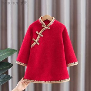 Flickas klänningar röd cheongsam qipao klänning för flickor nya vinter mode skolkläder plus sammet bomull barn baby nyår kläder vestidos w0314