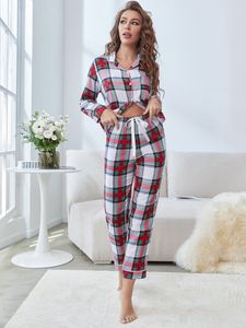 Kvinnors sömnkläder Autumn Spring Women's Pyjamas sätter damer Långärmad hemkläder kostym Vinterplädet tryck Sleep Topps Byxor 2 stycken Lounge 230314
