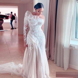 Mermaid Dresses Retro Lace One Shoder S Arabia Illusion Long Sleeve Tle Sweep Train Bridal Gowns Spring Drop Delivery Party E Dhx7E