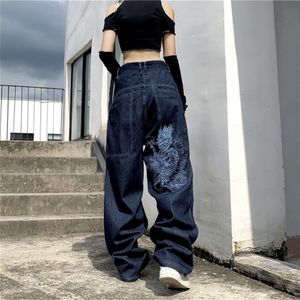 Kadın kot pantolon Amerikan sokak hip hop ejderha nakış retro yüksek bel gevşek düz geniş bacak kot kadın y2k harajuku vahşi çift 230313