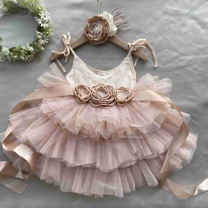 Vestidos de niña Bebés y niñas pequeñas Vestido de 1er cumpleaños para niños Flores Niñas Boda Venir Cinturón Diadema 3 piezas Conjunto Conjunto Princesa infantil Vestido W0314