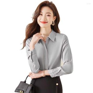 Women's Blouses Gray Pullover Shirt Women 2023 Spring Fashion Temperament Formal Long Sleeve Slim Office Ladies Work Tops White