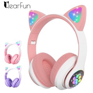 Headsets Flash Light Cute Cat Ear Headphones Wireless with Mic Can close LED Kids Girls Stereo Phone Music Bluetooth Headset Gamer Gift 230314