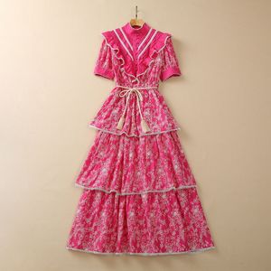 2023 Vestido de algodão de bordado floral rosa quente de verão colar de manga curta Stand gollar Ruffled Long Maxi Casual Vestres S3M120309