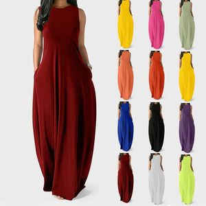 Casual Dresses 2023 Summer Boho Beach Dress Women Solid Color V-Neck ärmlös Långt för lösa maxi sundress vestidos