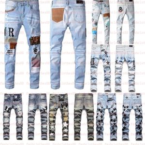 2023 Hot Mens Jeans Designer European Jean Hombre Letter Star Men Embroidery Patchwork Ripped for Trend Brand Motorcycle Pant Skinny J8IJ