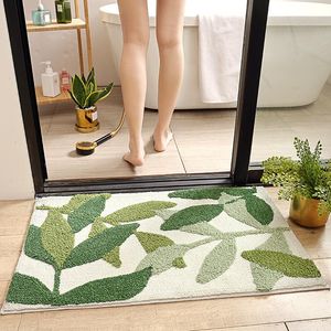 Bath Mats Green Leaves Flocking Mat Non-slip Absorbent Microfiber Bathroom Rug Home Entrance Door Super Soft Carpet