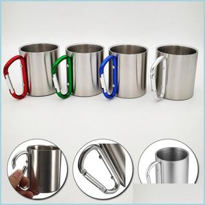 Mugs 200Ml Stainless Steel Cup For Cam Traveling Outdoor With Handle Carabiner Climbing Backpacking Hiking Portable Cups Drop Delive Dhbqw