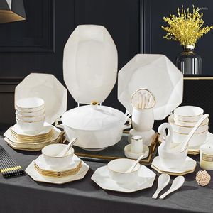 Dinnerware Sets Bone China Tableware Set Jingdezhen Ceramic Gold Rimmed Bowls And Plates Octagonal Drawing Gift
