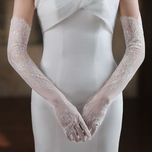 Fingerless Gloves WG054 Elegant Wedding Bridal Long Gloves Tulle Lace Appliqued Finger Bride Bridesmaid White Gloves Women Marriage Accessories 230314