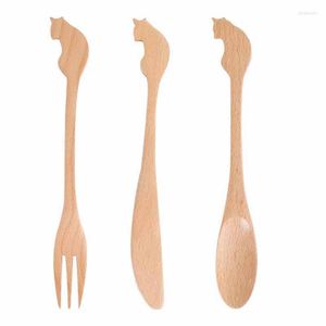 Set di stoviglie Coltello in legno naturale Set di stoviglie da picnic Cartone animato Posate per bambini Riso Scoop Ristorante Kid Bambino Insalata Forchetta Cena Strumento 1 set