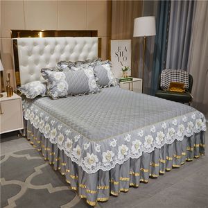 Bed Skirt Gray Quilted Lace Flowers Bed Sheet Set Home Mattress Cover Bedspread Cotton Warm Thick Bedding Bed Skirt Pillowcases Queen King 230314