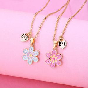 Pendant Necklaces Luoluo&baby 2Pcs/Set Sweet Blue Pink Flower Chain Friends Necklace BFF Friendship Children's Jewelry Gift For