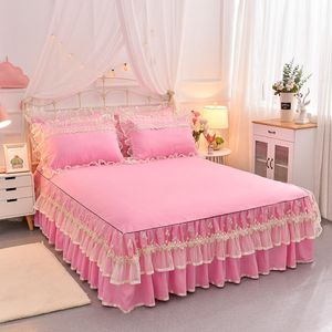 Gonna da letto Gonna da letto in pizzo a doppio strato Gonna da letto liscia in un unico pezzo Coprimaterasso antiscivolo per set di biancheria da letto di lusso Queen King Size 230314