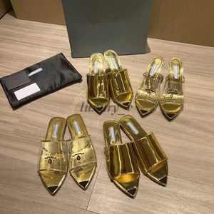 Designer-Damensandalen, bedruckte Plexiglas-Absätze, Milano-Slides, klobiger High-Heel, golden-silberne Metallic-Leder-Innensohle, Hausschuhe mit Box