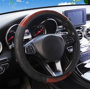 Steering Wheel Covers 4color High Quality Car Wood Grain Mahogany Leather Embossed No Elastic Band Anti-Slip 36-40cm