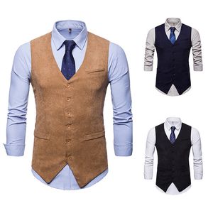 Mens Vests Business Mens Suit Vest Slim Fit Corduroy fabric Sleeveless Jacket Casual Gentleman Khaki Waistcoat For Groomsmen Wedding 230313