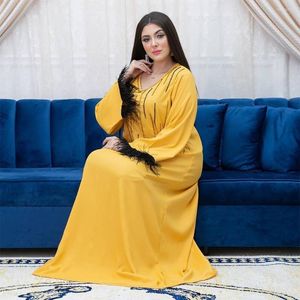 Ethnic Clothing Elegant Diamonds Feather Abaya Kaftan Loose Muslim Women Long Dress Arabic Turkey Maxi Robe Dubai Formal Evening Gown